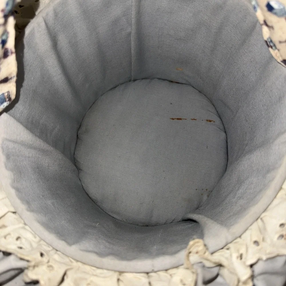 Vintage Quilted Cloth Basket Bucket handmade Birdhouse Fabric 8X7 Stains READ